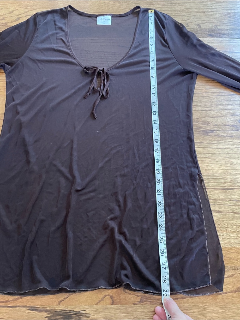 Vintage 90s Y2K Chocolate Brown Sheer Mesh Tie-Neck Long-Sleeve Top Sz L - Picture 8 of 10